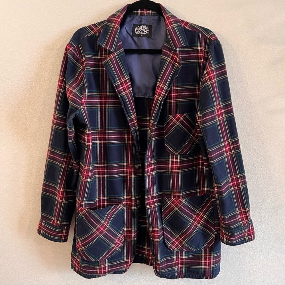 One24 Rags Shacket Flannel Size XL Red Blue Plaid Longer Length Pockets